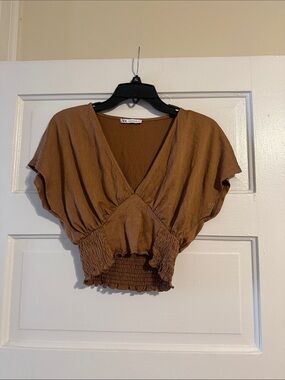 Zara Brown Textured V-Neck Smocked Crop Top